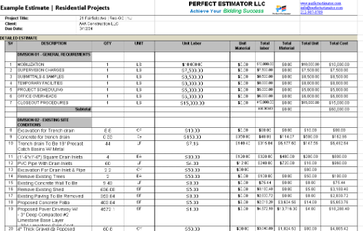 Excel sheet displaying a quantity takeoff and cost estimate for a residential home project.